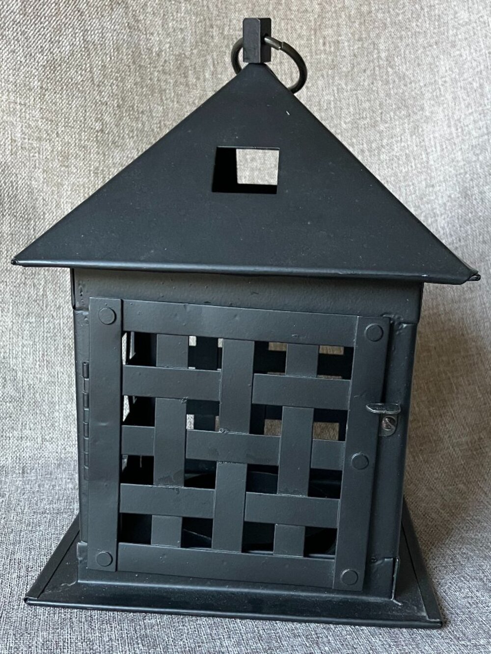 Hand Forged Mexican Black Wrought Iron Lantern 7”sq X 8.5”h, EUC